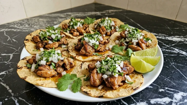 Street Style Chicken Tacos on a white plate with browned chicken and white onion and cilantro.