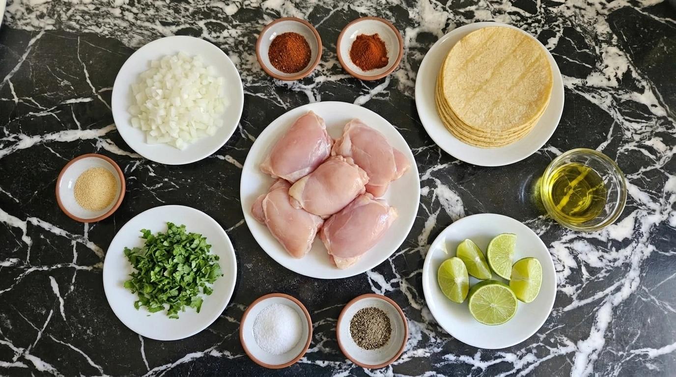 Street Style Chicken Tacos ingredients arranged in separate containers.