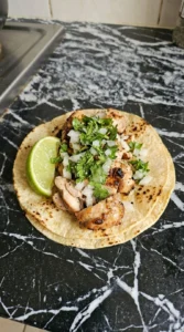 Cooked chicken chopped into bite sized pieces for tacos.