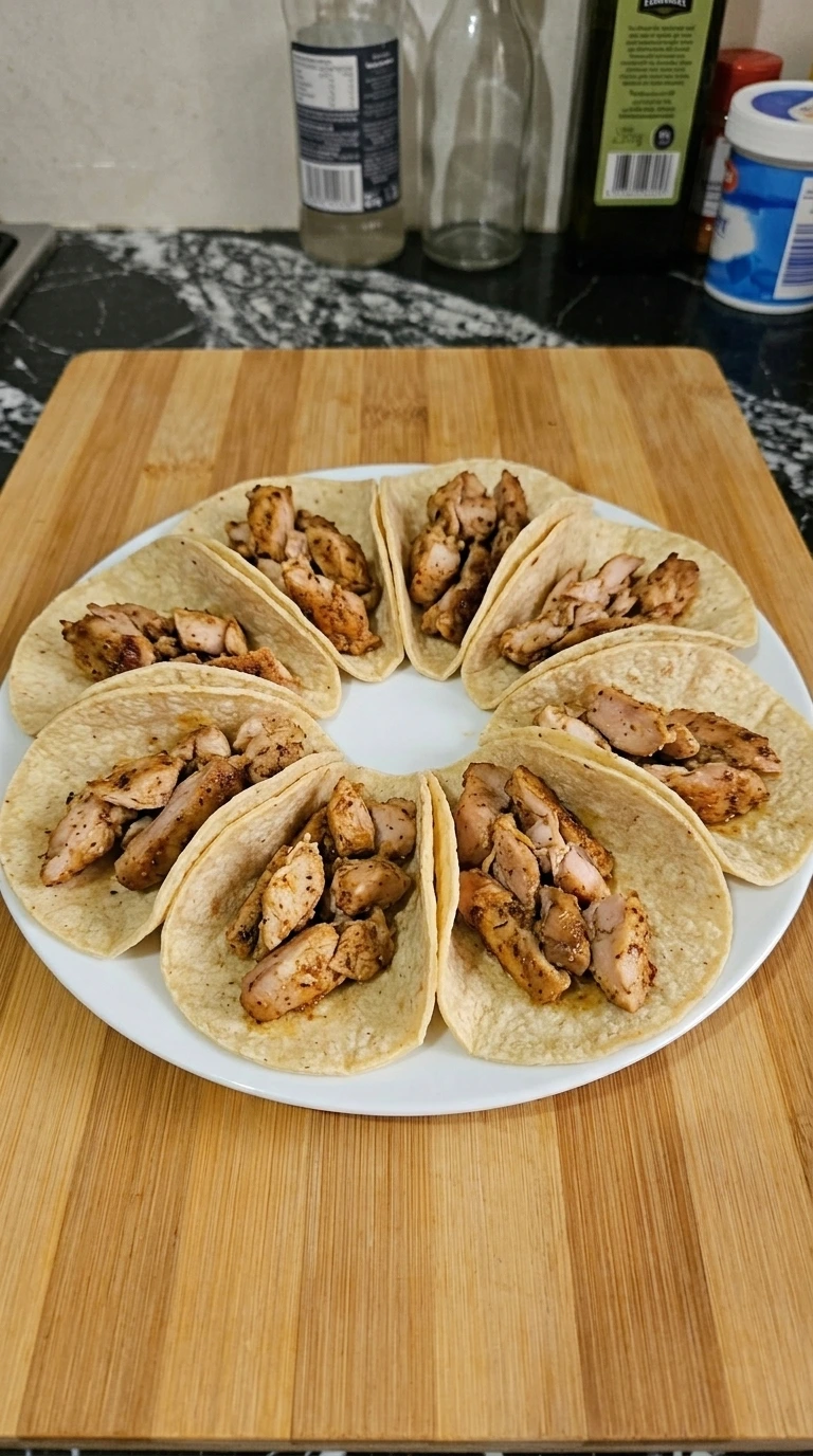 Corn tortillas filled with chopped chicken for tacos.