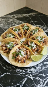 Finished Street Style Chicken Tacos topped with onion and cilantro.