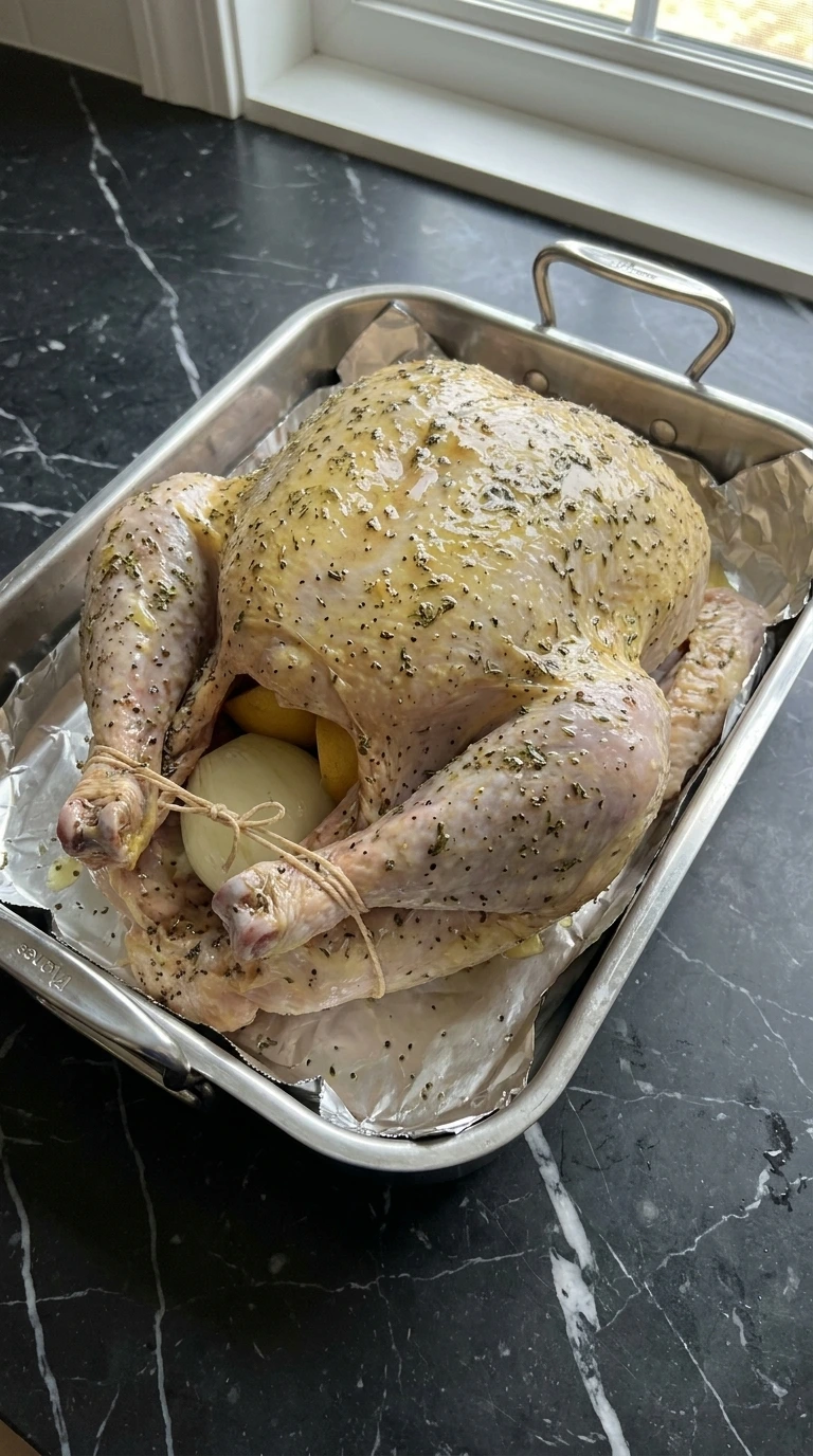 Raw turkey coated in seasoned herb butter