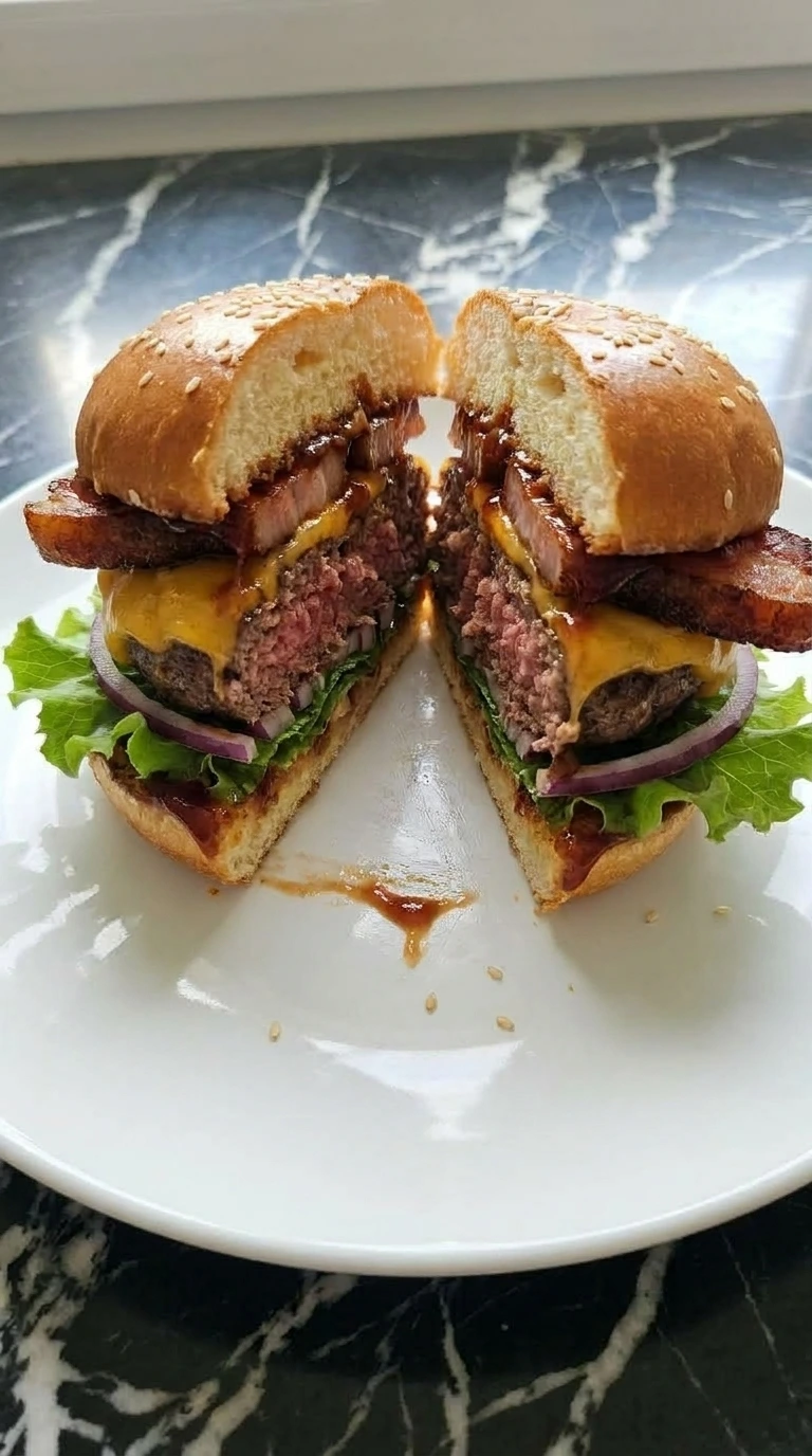 A fully assembled barbecue bacon cheeseburger cut in half on a white plate