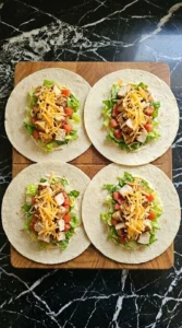 Four flour tortillas laid flat and filled with lettuce diced tomato grilled chicken and shredded cheddar cheese