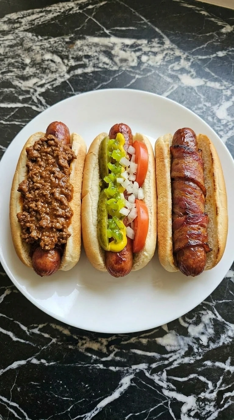 Adding chili, mustard, relish, and fresh tomatoes to hot dogs in soft buns