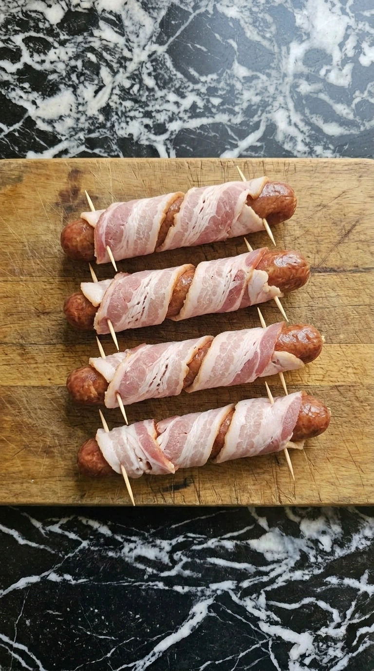 Raw all-beef franks spiraled tightly with raw bacon strips on a cutting board