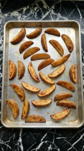 Crispy golden-baked potato wedges arranged in a single layer on an aluminum sheet pan