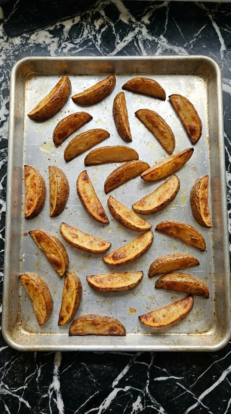 Crispy golden-baked potato wedges arranged in a single layer on an aluminum sheet pan