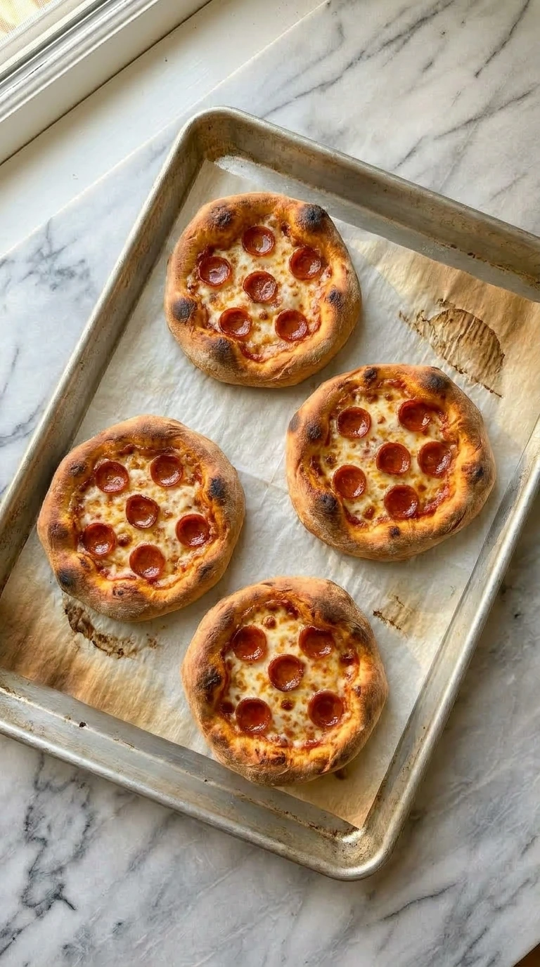 Freshly baked mini pizzas with bubbling melted cheese and crispy crusts on an aluminum tray