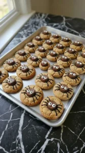 Freshly baked puffed peanut butter cookies on an aluminum sheet pan.