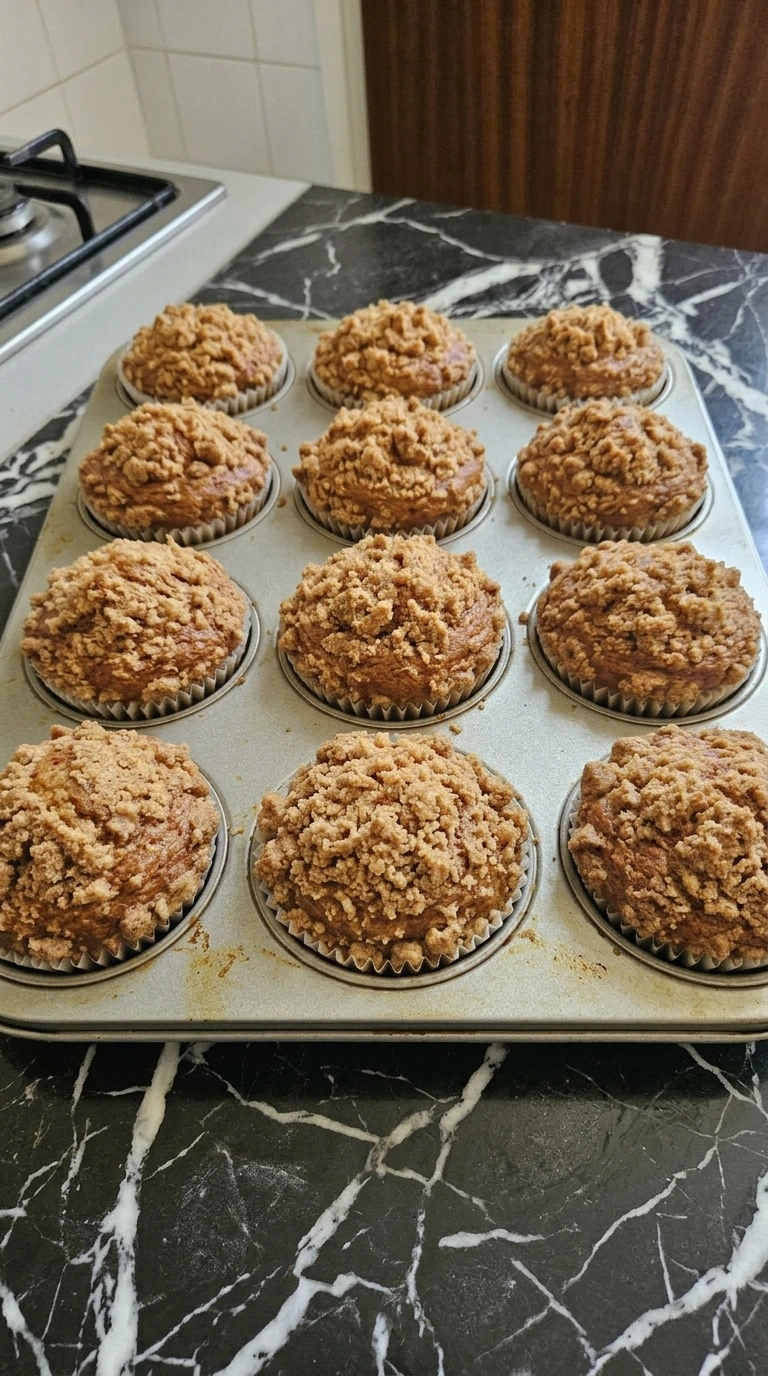 Twelve baked pumpkin muffins with high golden brown domed tops cooling inside the metal tin