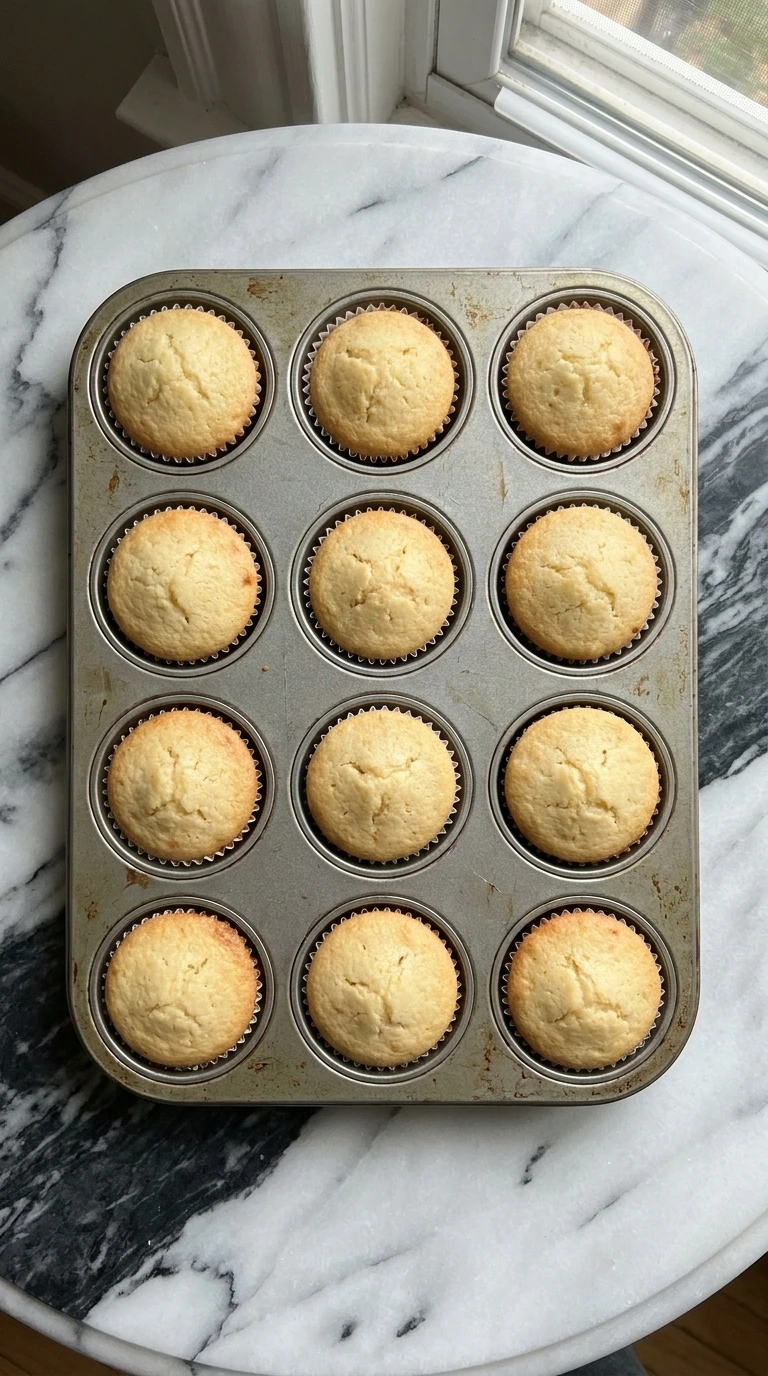 Freshly baked vanilla cupcakes inside a metal muffin tin