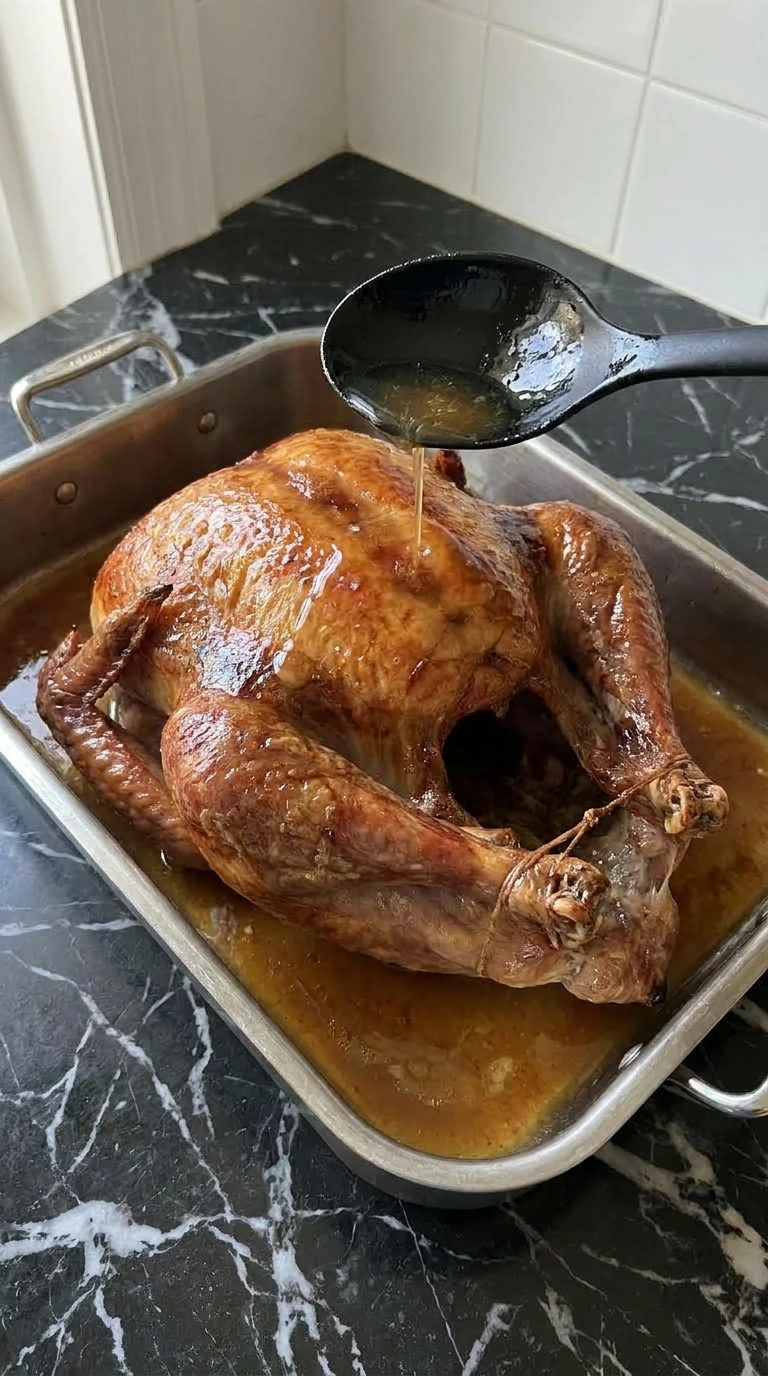 Pouring pan juices over a mahogany roast turkey