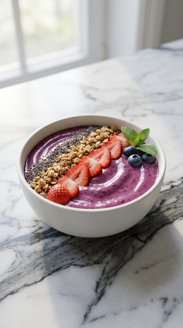 A thick magenta berry smoothie bowl topped with strawberries and granola