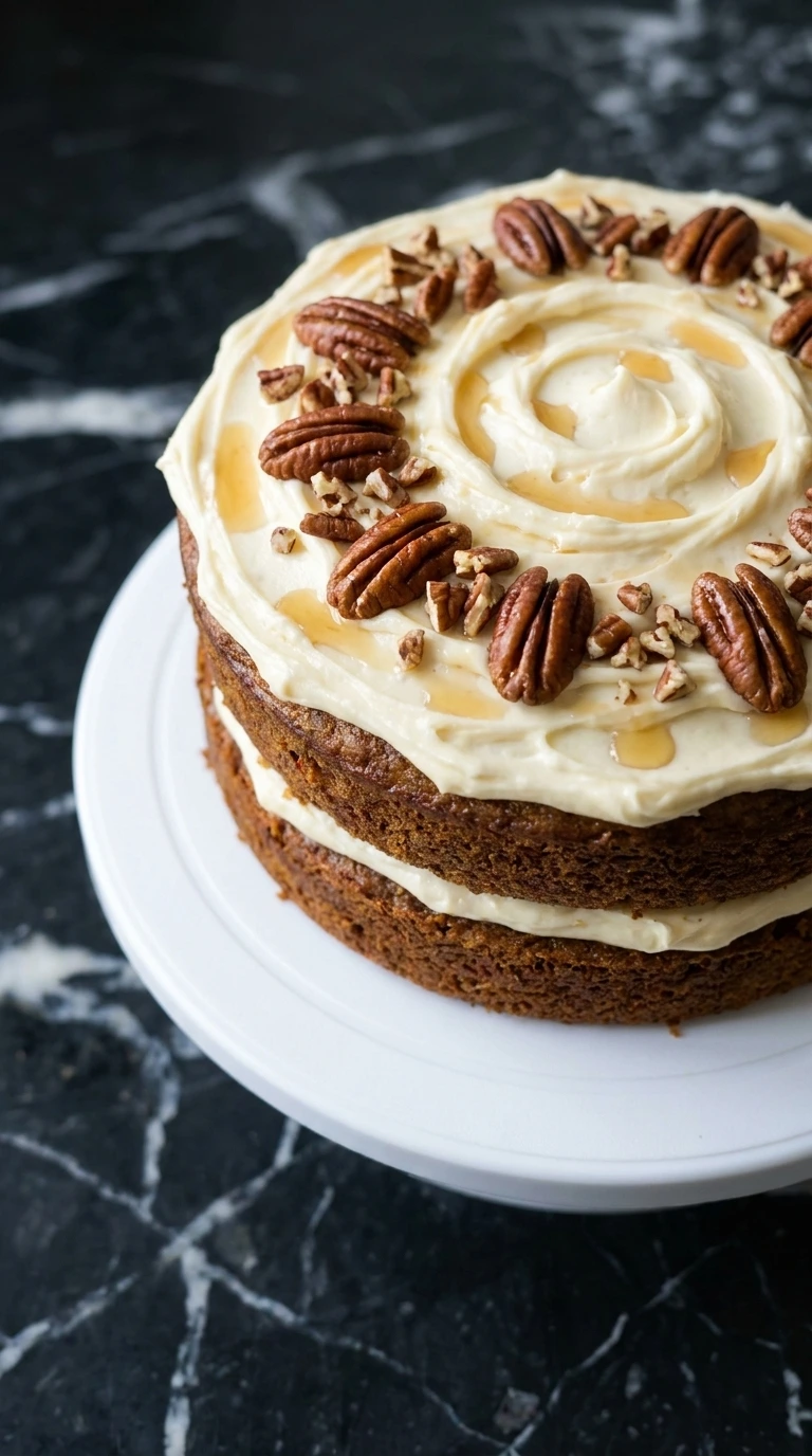 A moist slice of carrot cake with maple pecan cream cheese frosting on a white plate