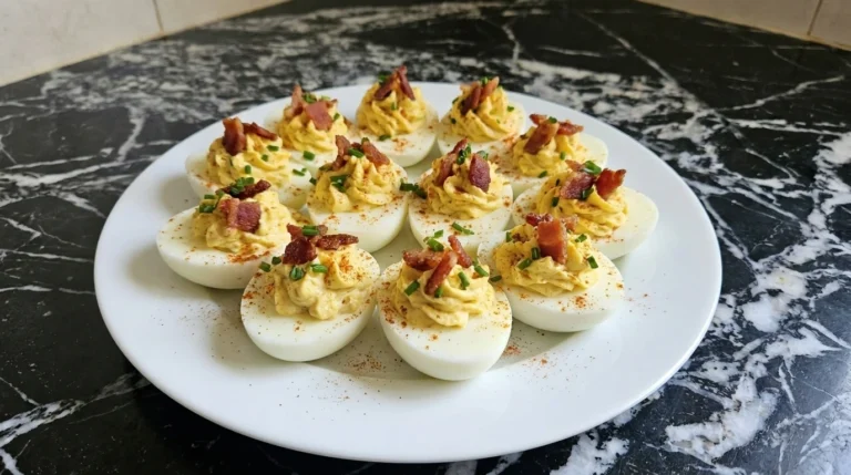 A platter of loaded deviled eggs with bacon and chives