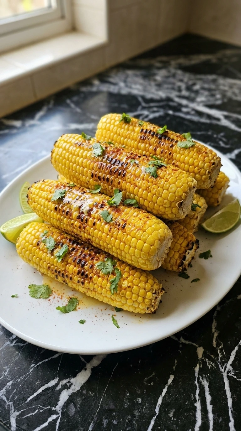 Platter of grilled corn cobs with butter and cilantro