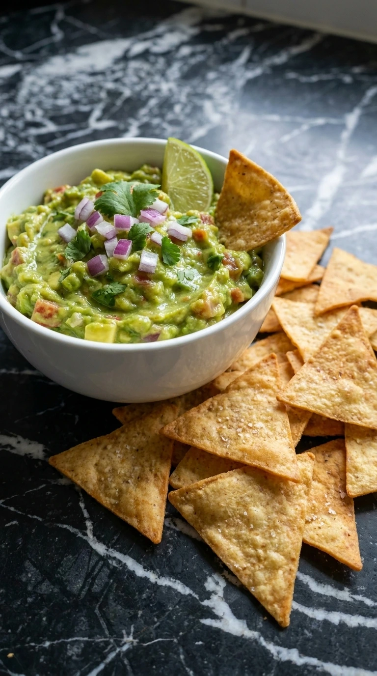 A bowl of fresh chunky guacamole with golden crispy homemade tortilla chips