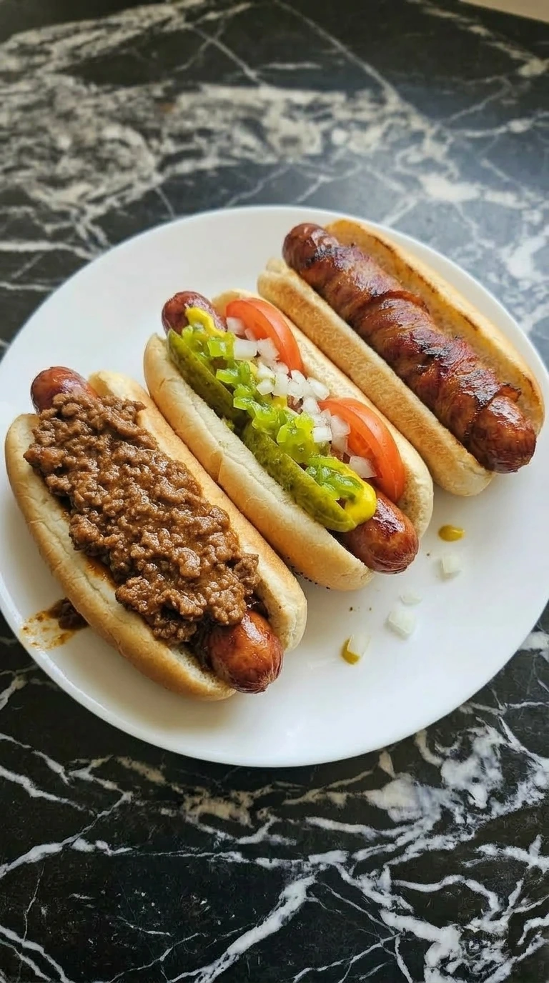 Three different styles of cooked hot dogs on a white plate