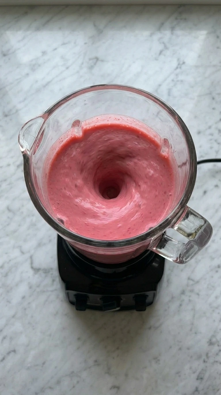 Pink fruit mixture blending inside a high-speed blender jar.