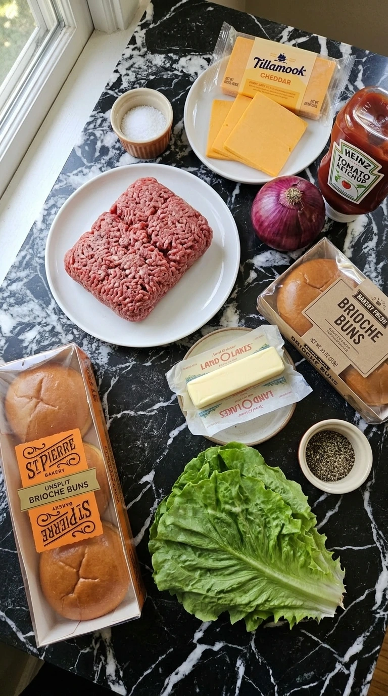 Raw ingredients for cheeseburgers scattered naturally on a surface