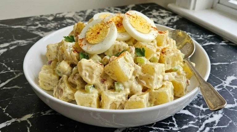 A white bowl of creamy potato salad topped with eggs and paprika
