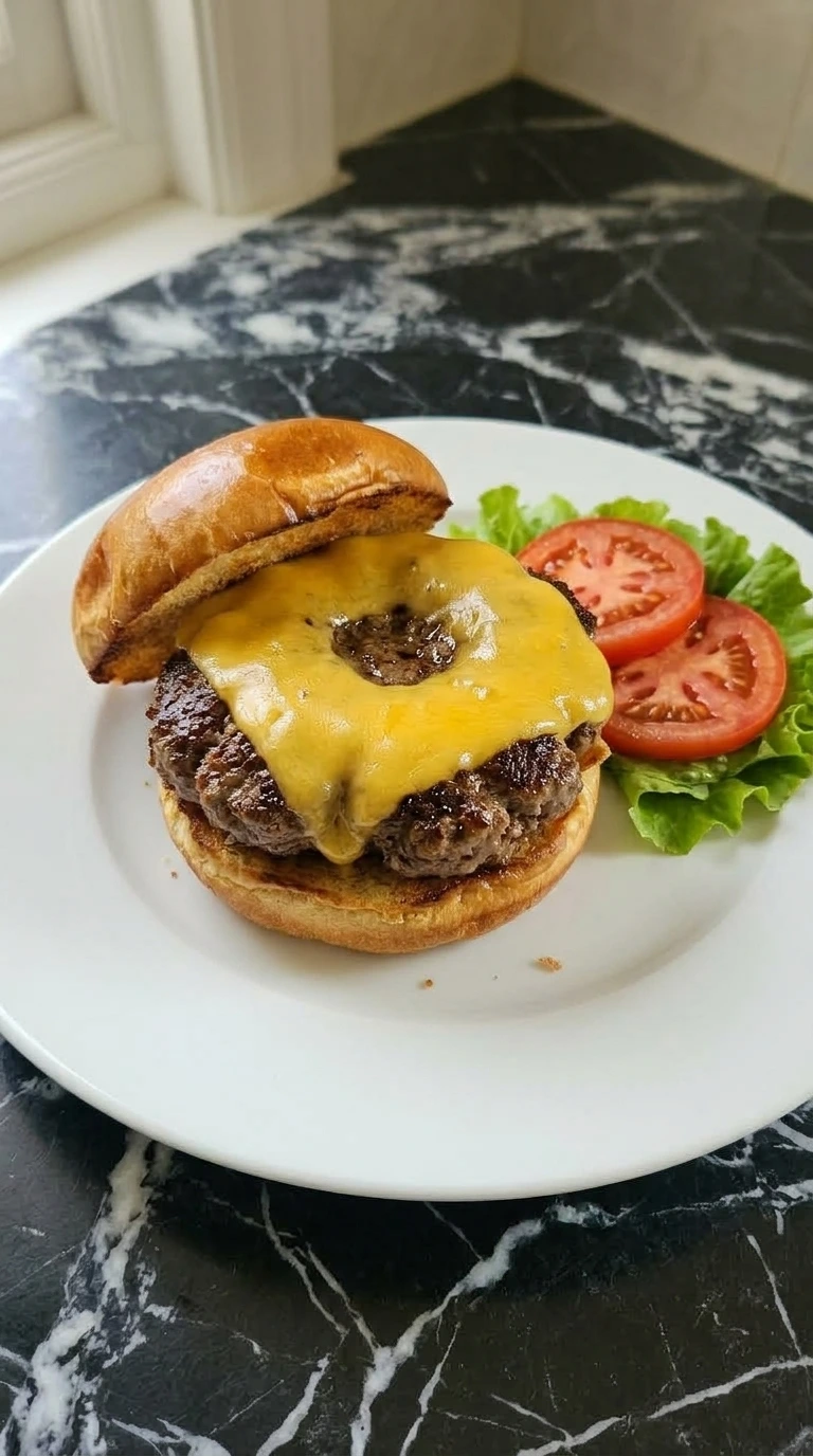 A single homemade cheeseburger with melted cheddar on a white plate