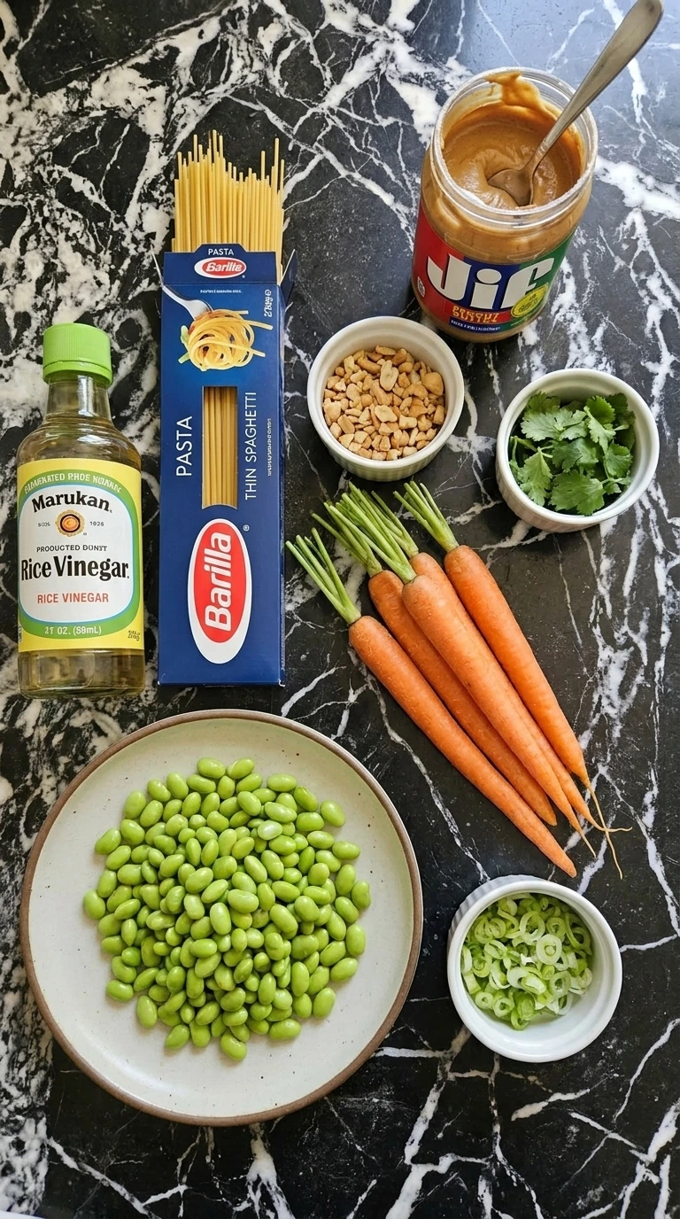 Ingredients for cold noodle salad spread naturally across a kitchen surface