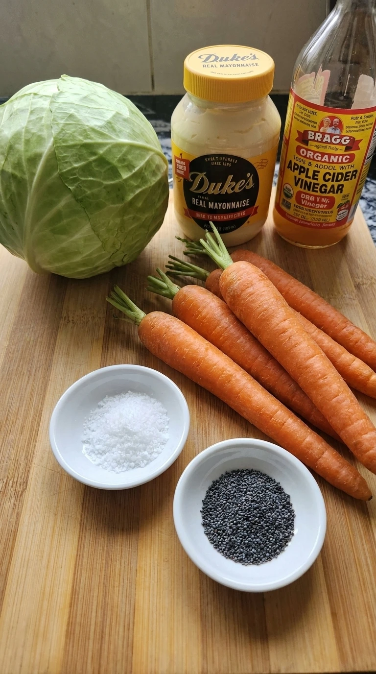 Raw ingredients for coleslaw including cabbage, carrots, and mayo.