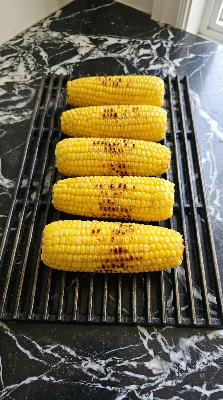 Corn cobs with char marks on a hot grill