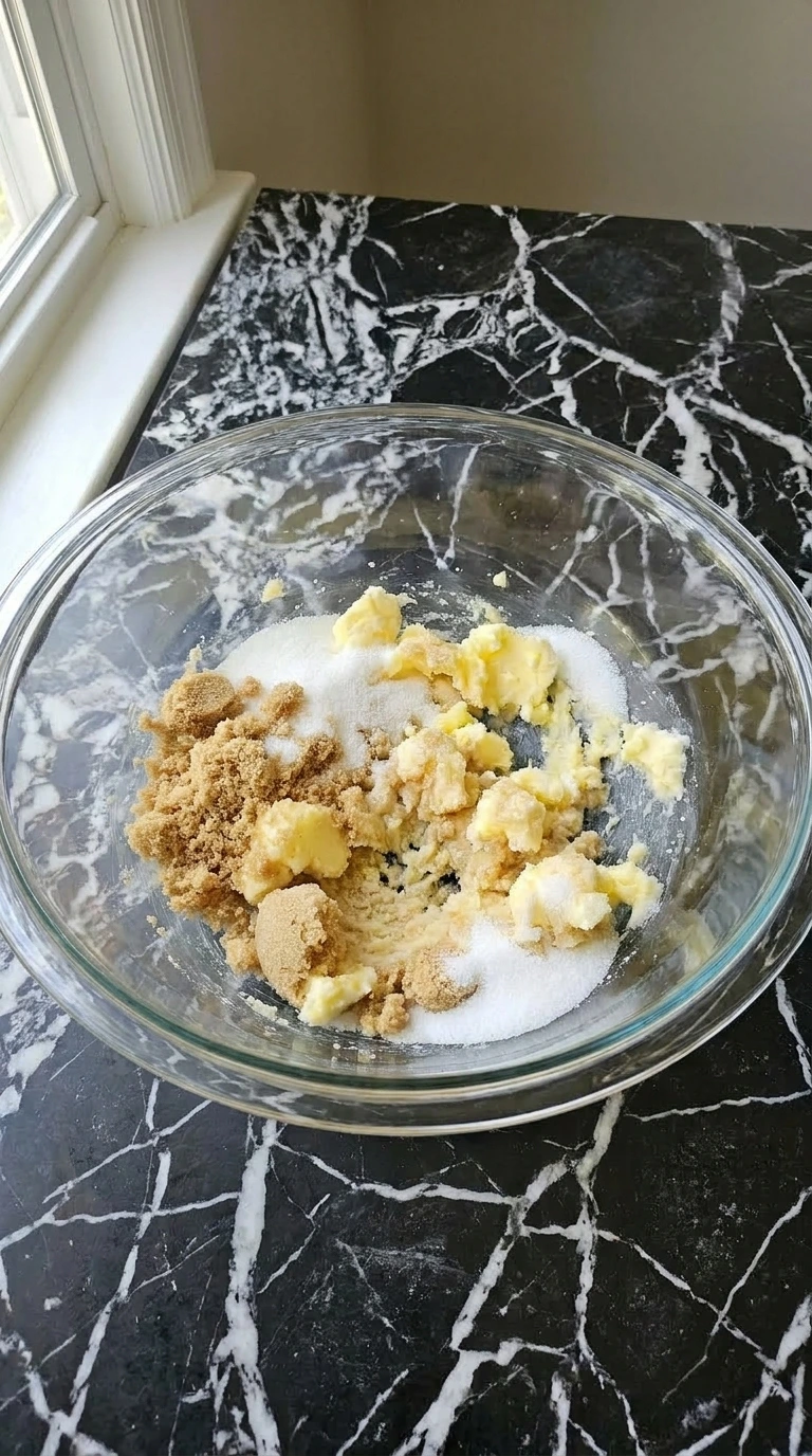 Creamed butter and sugars in a glass mixing bowl.