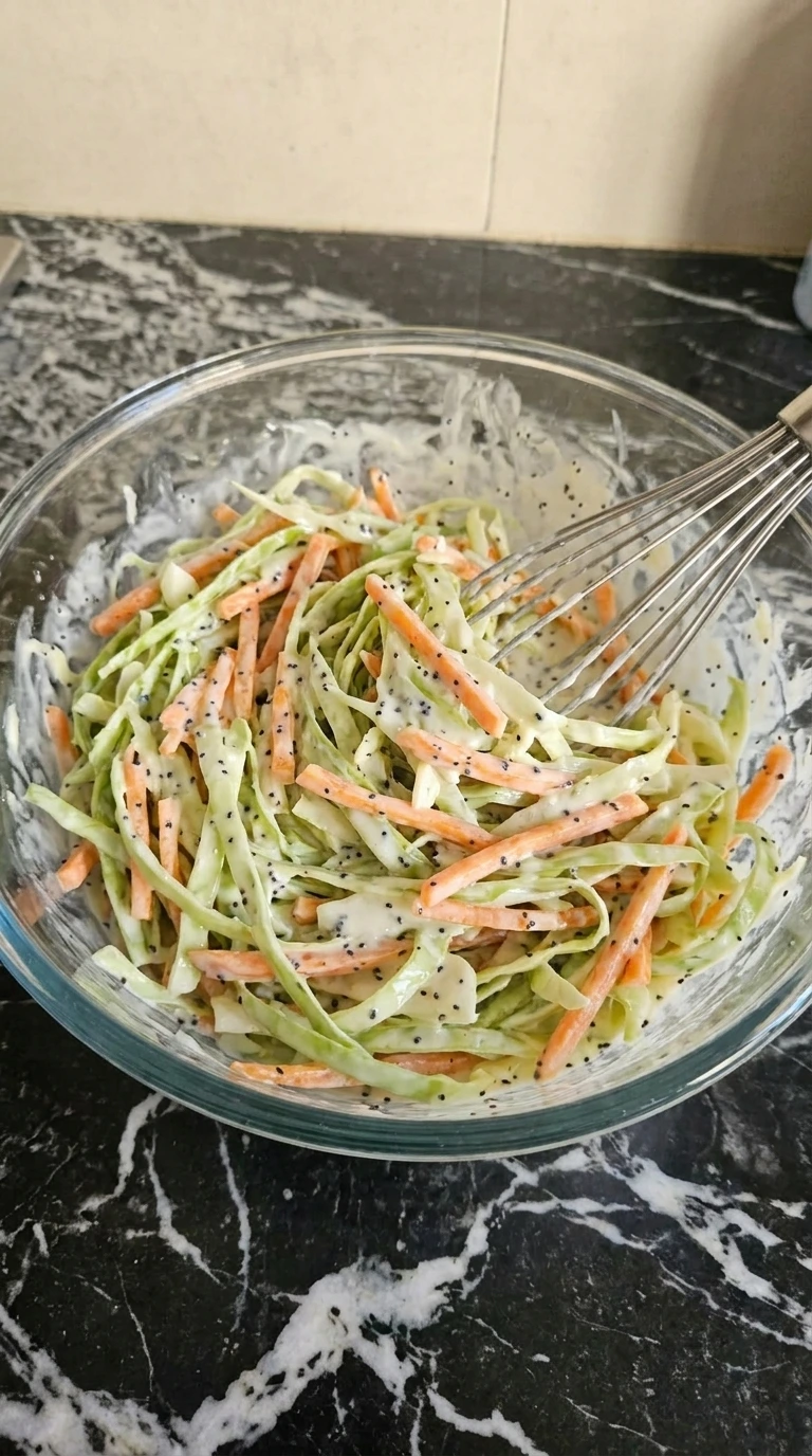 Creamy white coleslaw dressing in a small glass bowl.