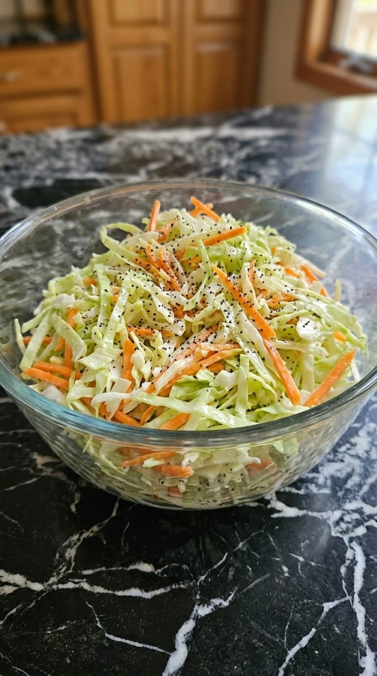 A glass bowl of creamy homemade coleslaw with carrots and cabbage.