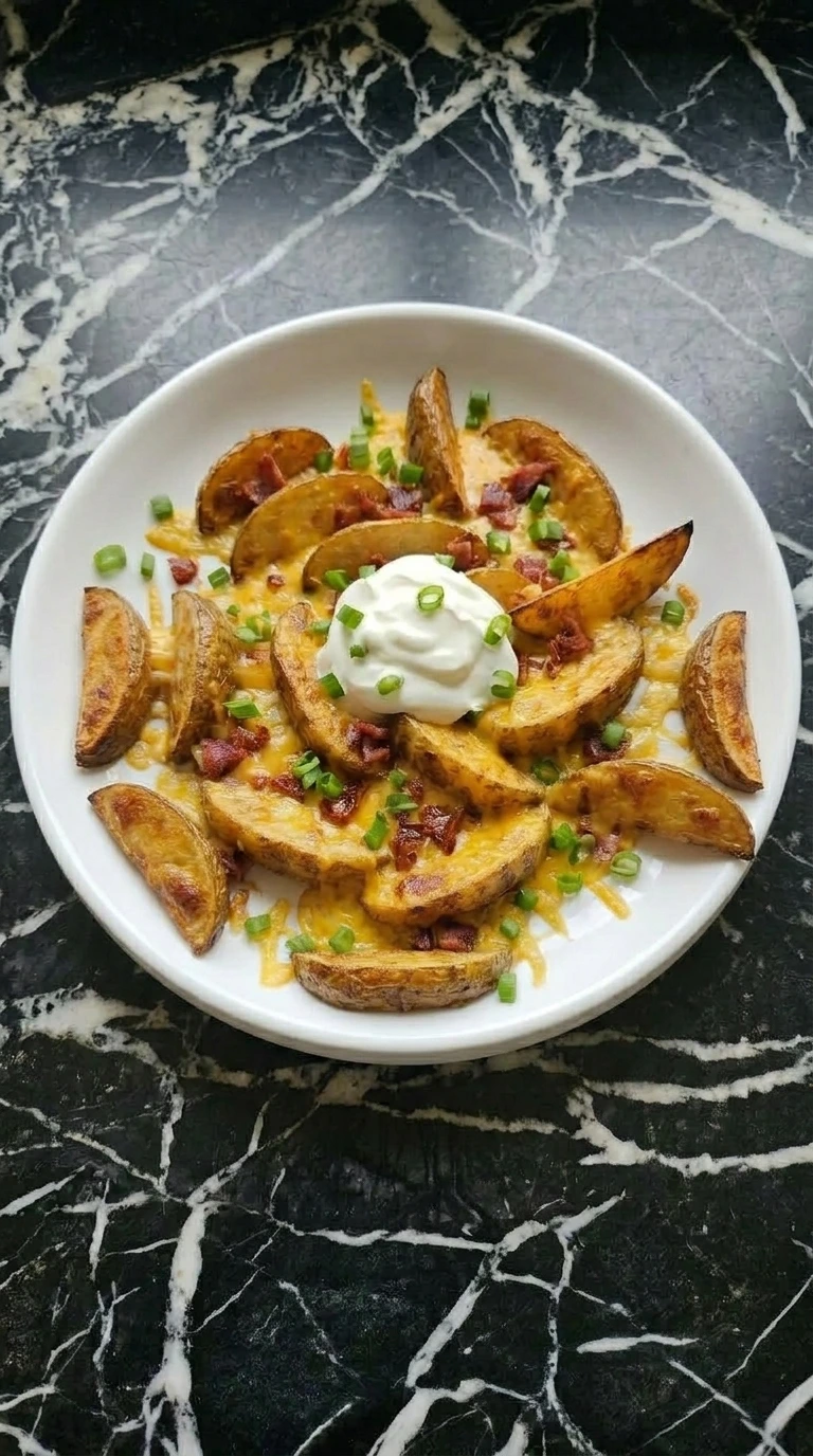 A single portion of crispy loaded fries on a white plate topped with melted cheddar cheese, bacon bits, sour cream, and chives