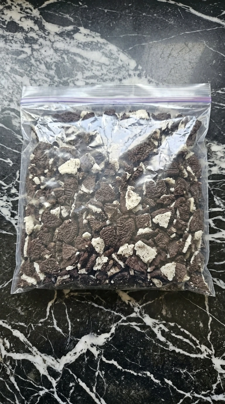 Crushed chocolate cream cookies inside a clear plastic storage bag showing fine and coarse pieces.