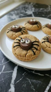 Finished Halloween spider cookies with candy eyes and black icing legs on a white plate.
