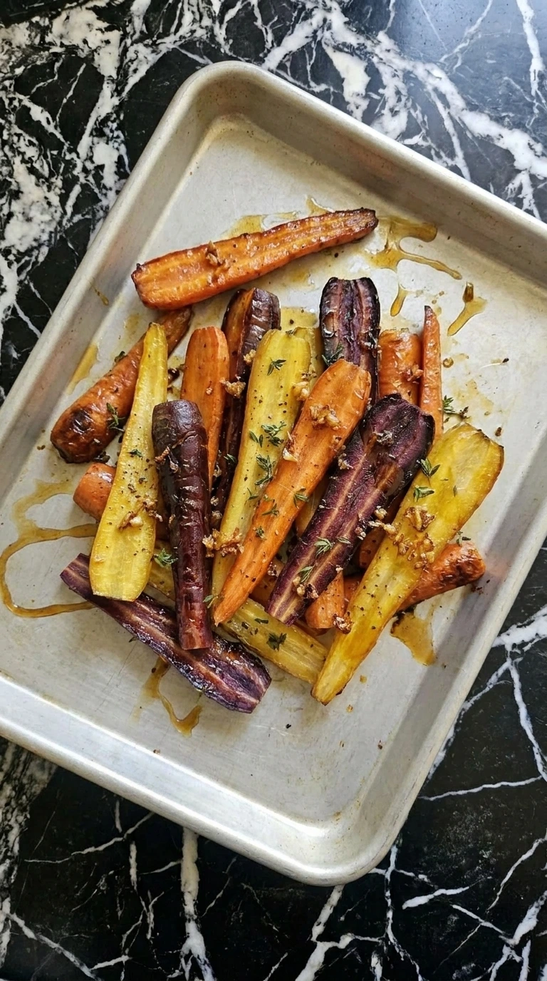 Roasted carrots with caramelized glaze after flipping and finishing.