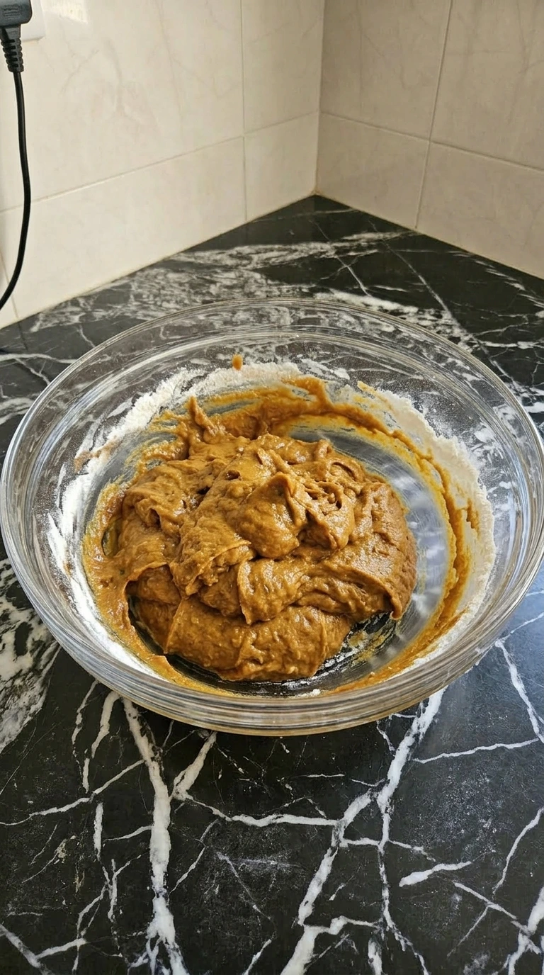 Thick lumpy orange pumpkin muffin batter being gently folded inside a clear glass bowl