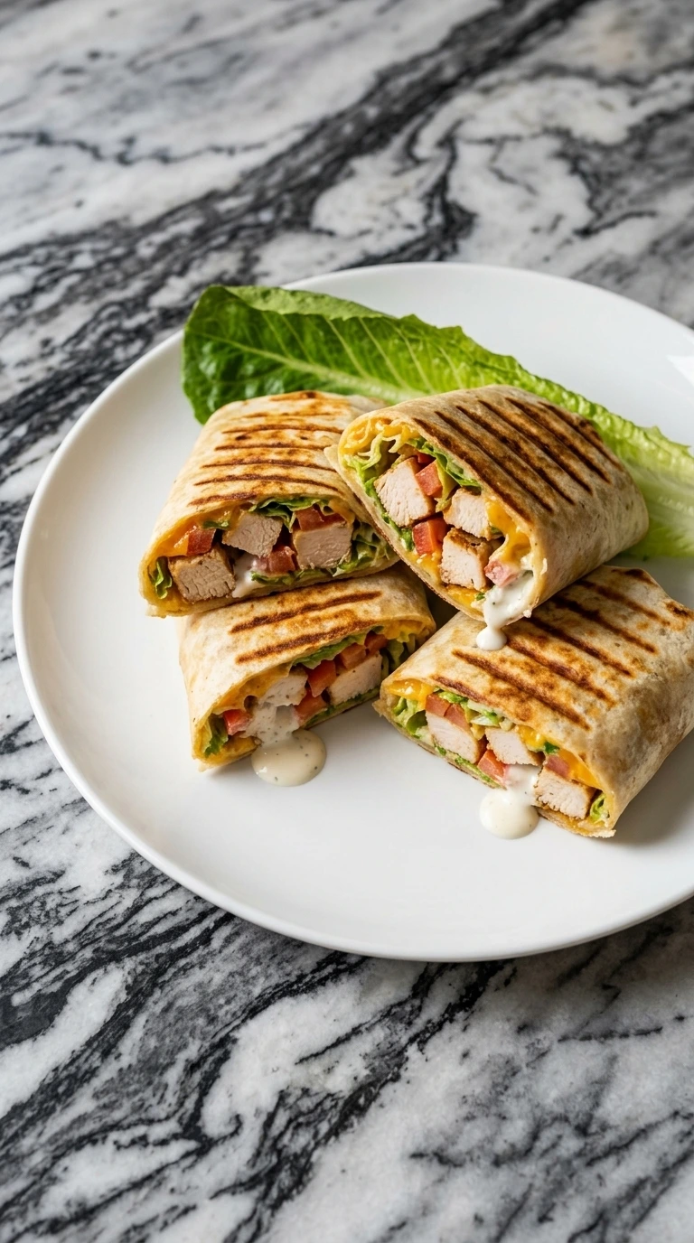 Two grilled chicken wraps cut in half on a white serving plate showing juicy grilled chicken lettuce tomato and melted cheese inside