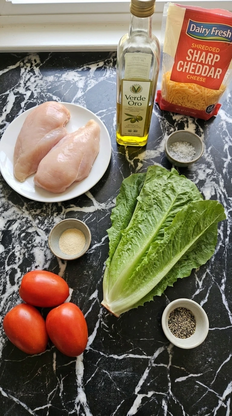 Raw ingredients for grilled chicken wraps including fresh chicken breasts romaine lettuce roma tomatoes shredded cheddar and olive oil