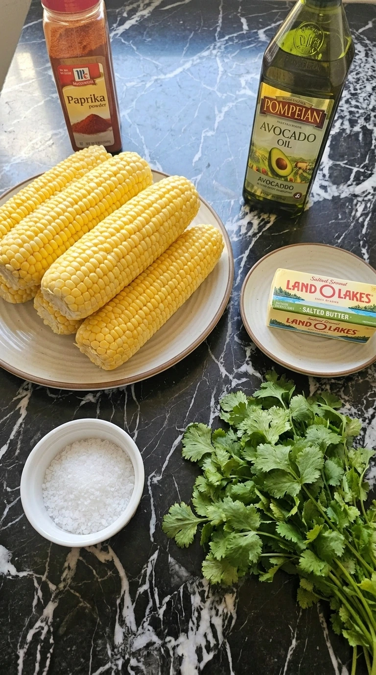 Raw ingredients for grilled corn including whole corn cobs and butter
