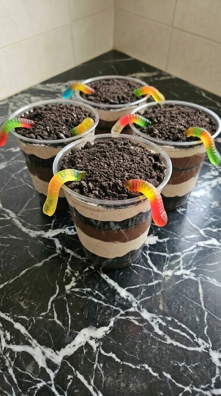 Finished oreo dirt cups decorated with neon gummy worms crawling out of the cookie crumbs.