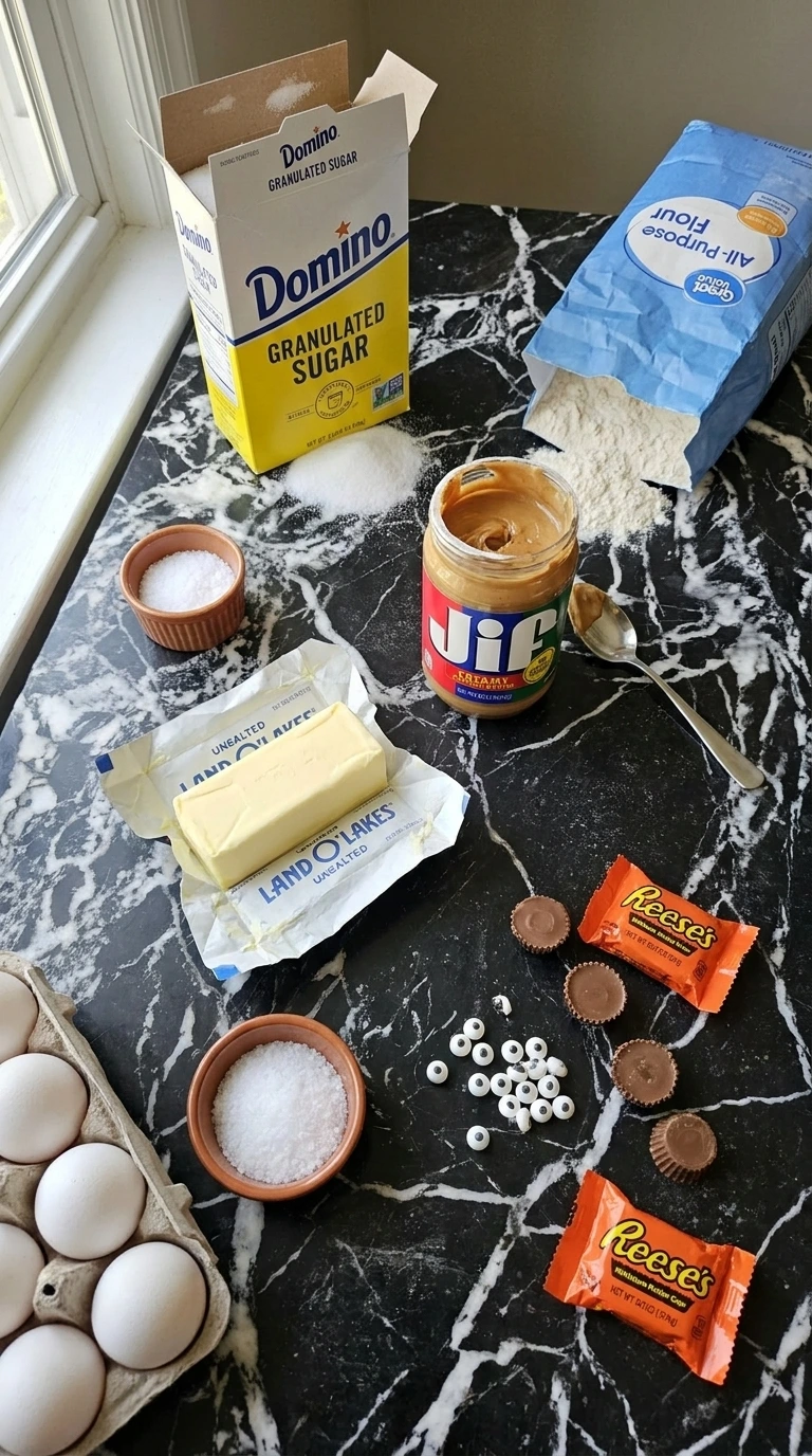 Raw ingredients for Halloween cookies arranged across a marble countertop.