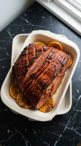 A finished honey glazed ham with a dark crispy mahogany crust.