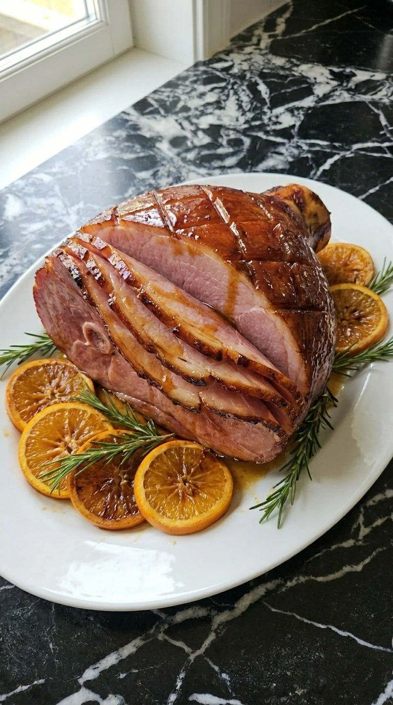 A whole honey glazed ham with a glossy mahogany crust served on a white platter with orange slices.