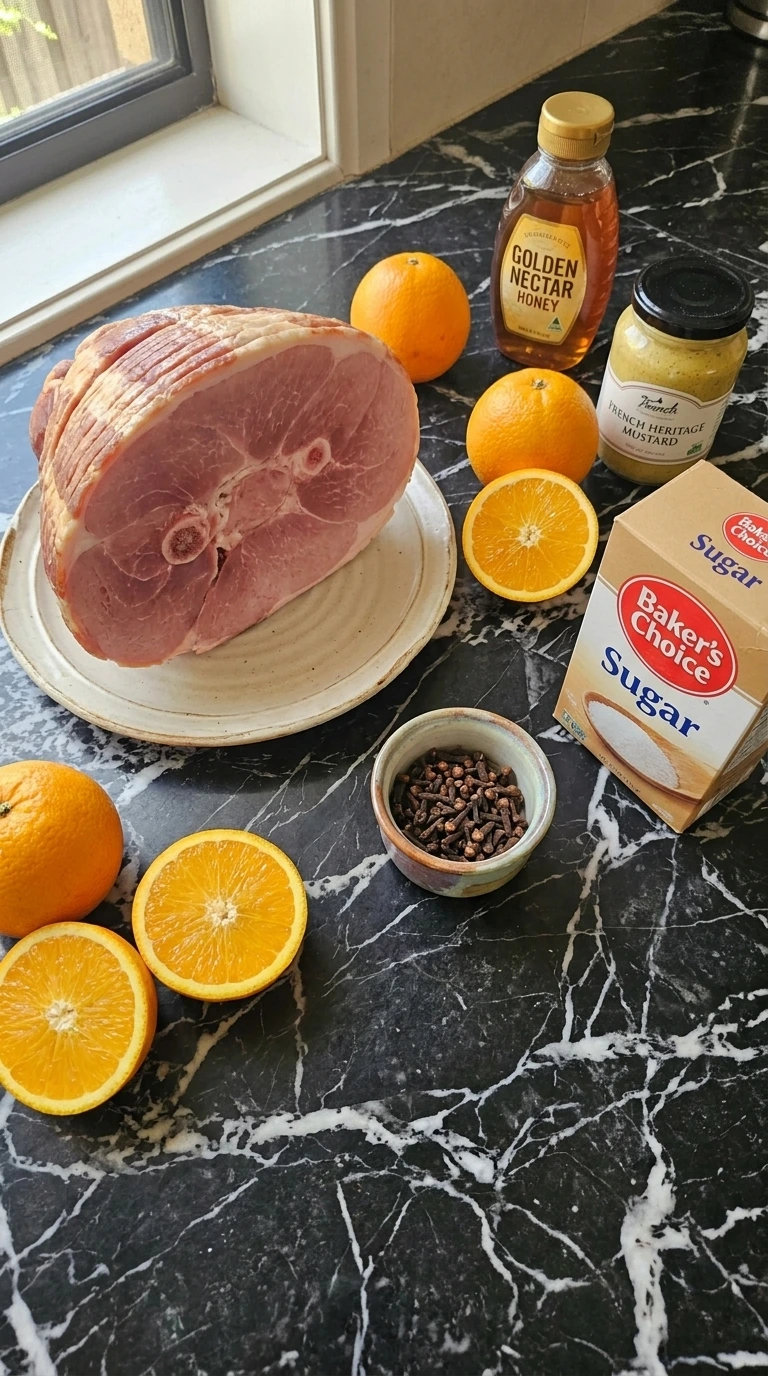 Raw ingredients for honey glazed ham scattered on a dark wooden surface.