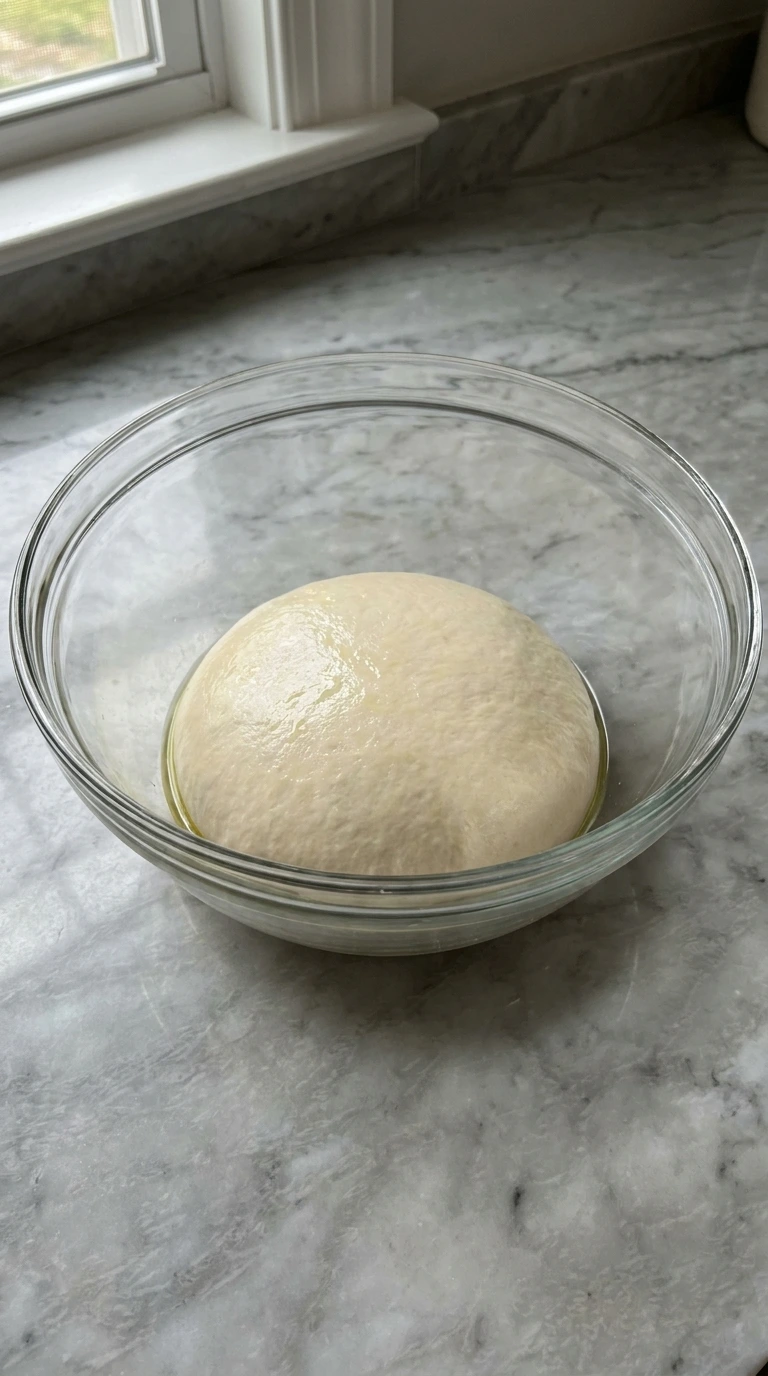 Smooth round ball of kneaded pizza dough resting inside an oiled glass bowl