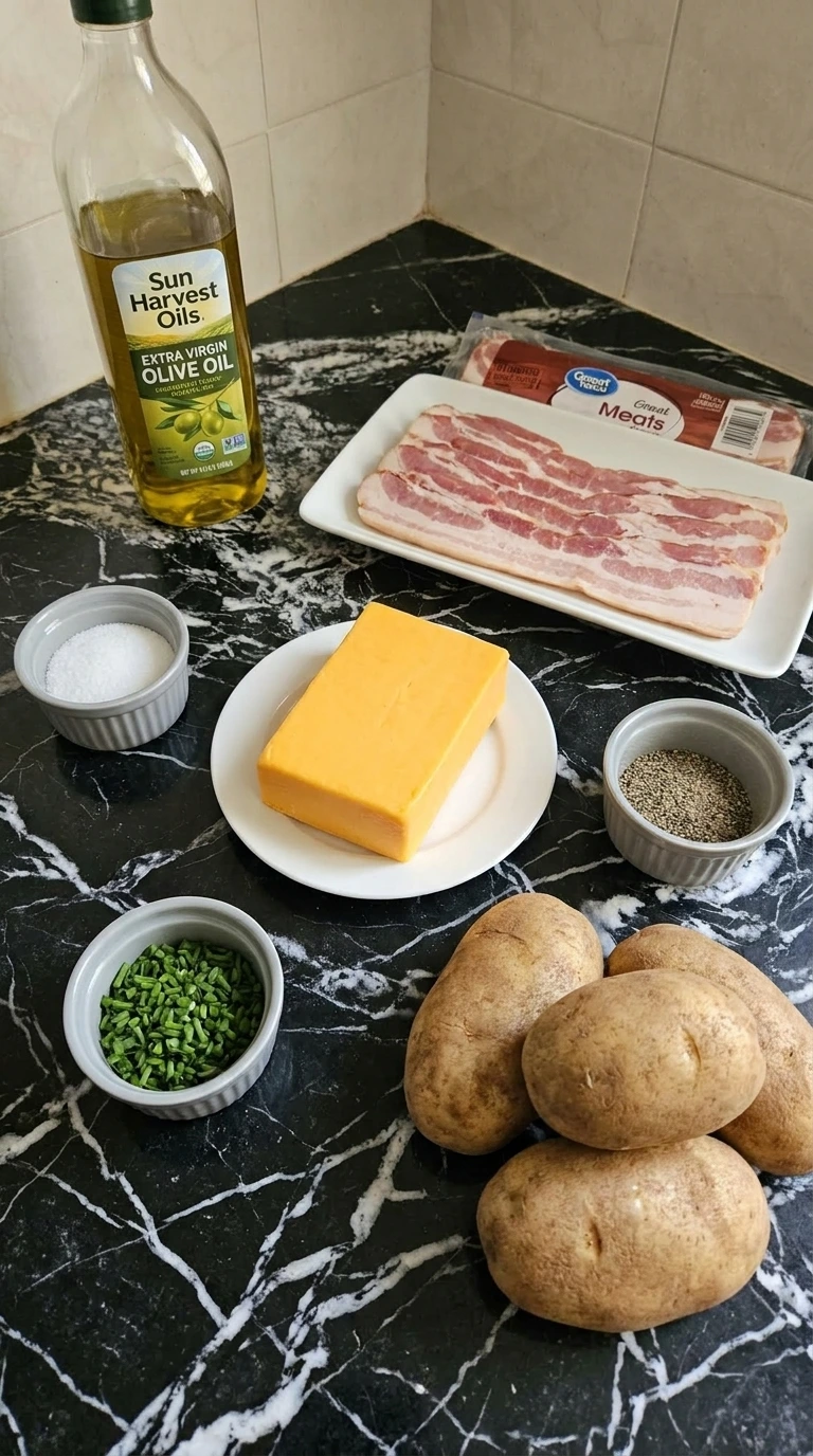 Raw ingredients for loaded fries including whole russet potatoes, bacon, cheddar cheese, olive oil, and chives