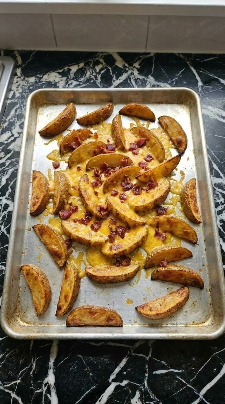 Baked potato wedges clustered together on a sheet pan covered in melted cheddar cheese and bacon pieces