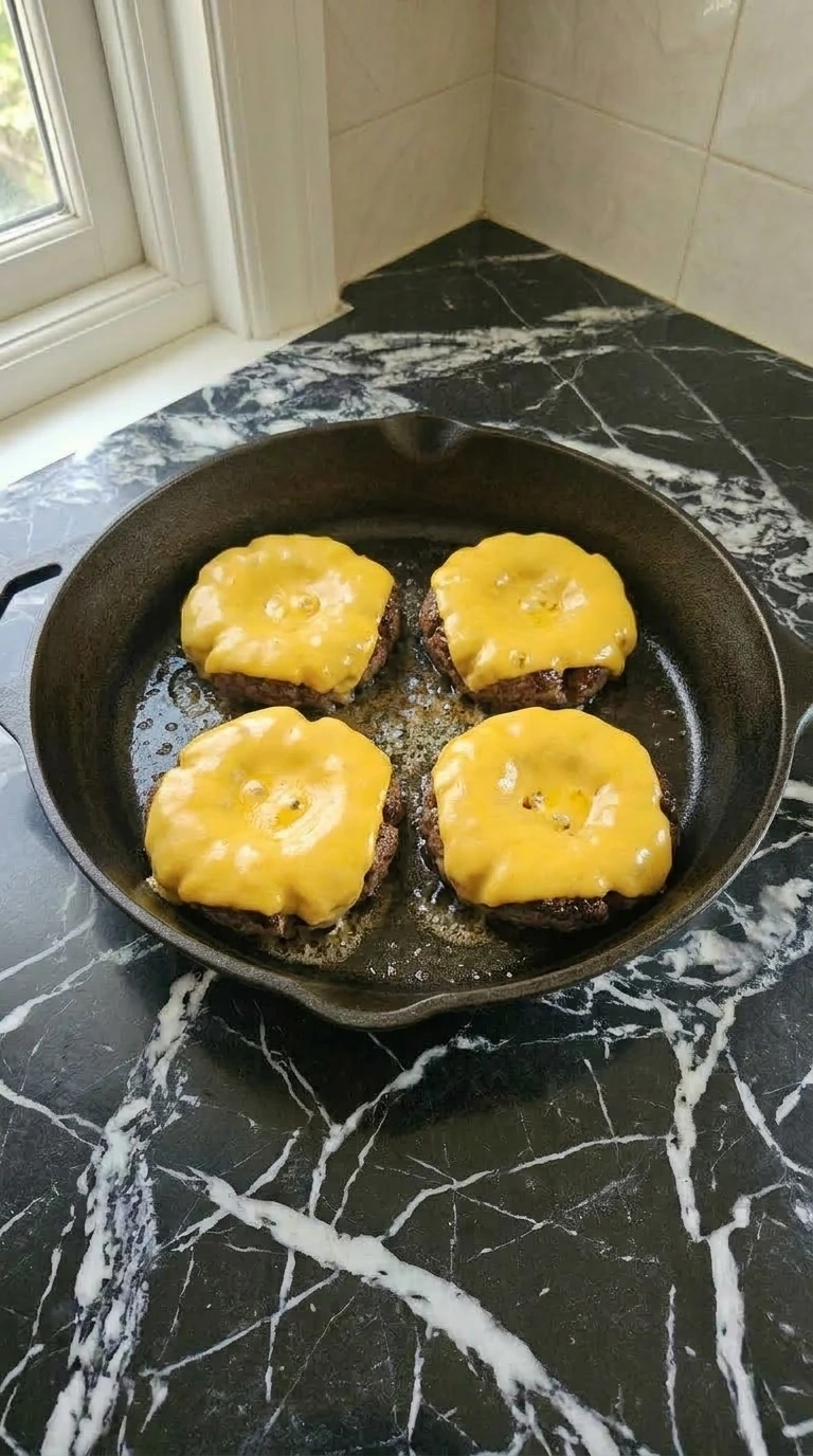 Melted sharp cheddar cheese draping over cooked burger patties in a pan
